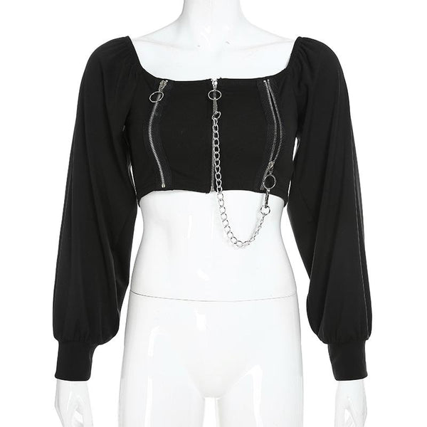 Gothic Lantern Sleeve Zipper Chain Crop Top