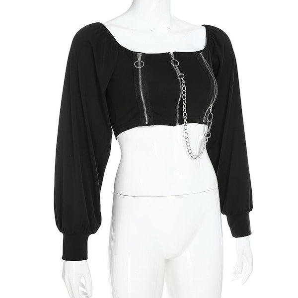 Gothic Lantern Sleeve Zipper Chain Crop Top