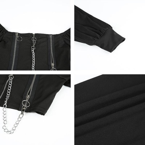 Gothic Lantern Sleeve Zipper Chain Crop Top