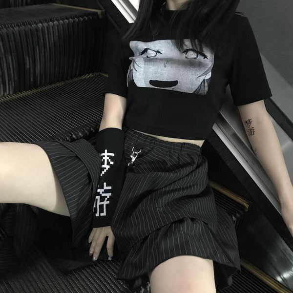 Ahegao Cartoon T-Shirt with SLEEPWALK Printed Arm Sleeve