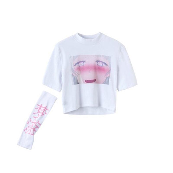 Ahegao Cartoon T-Shirt with SLEEPWALK Printed Arm Sleeve