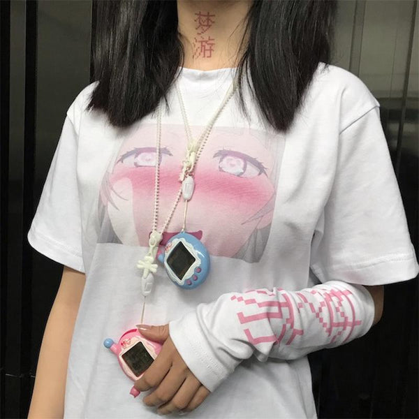 Ahegao Cartoon T-Shirt with SLEEPWALK Printed Arm Sleeve