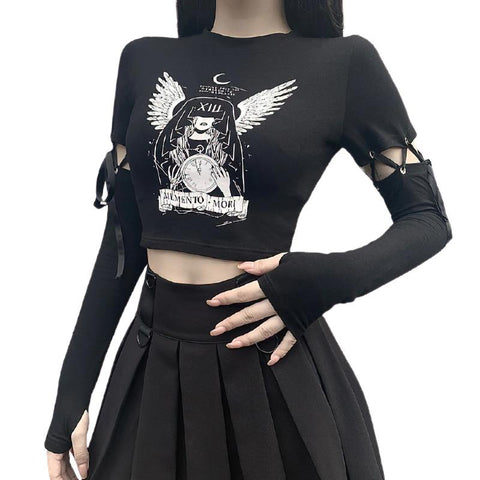 Black Gothic Bodycon Tops For Women / Fashion Top With Long Sleeve