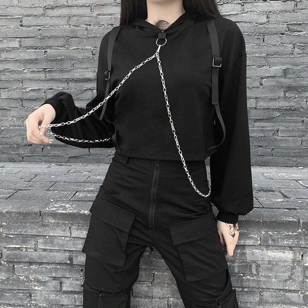 Black Gothic Patchwork Long Sleeve Chain Crop Sweatshirt / Ladies Rock Style Hooded Top