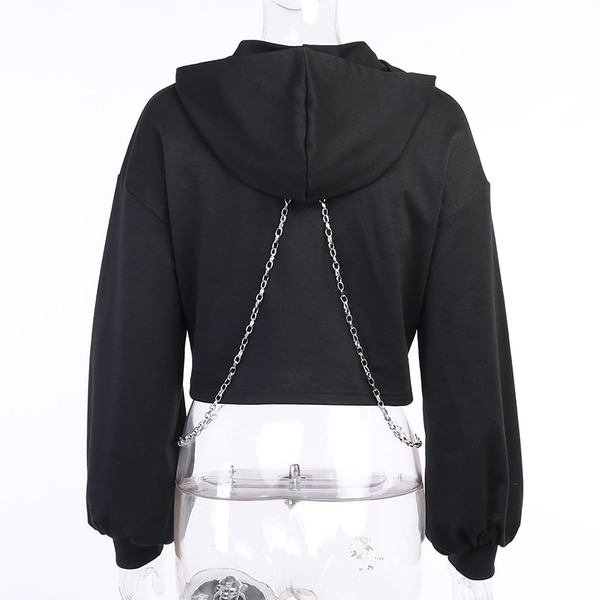 Black Gothic Patchwork Long Sleeve Chain Crop Sweatshirt / Ladies Rock Style Hooded Top