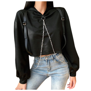 Black Gothic Patchwork Long Sleeve Chain Crop Sweatshirt / Ladies Rock Style Hooded Top