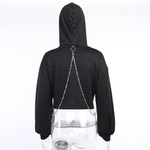 Black Gothic Patchwork Long Sleeve Chain Crop Sweatshirt / Ladies Rock Style Hooded Top