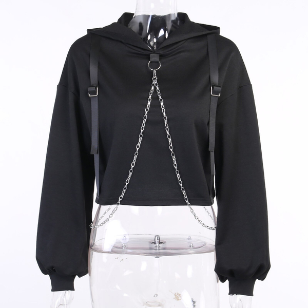 Black Gothic Patchwork Long Sleeve Chain Crop Sweatshirt / Ladies Rock Style Hooded Top