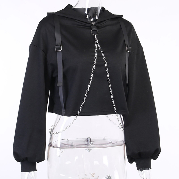 Black Gothic Patchwork Long Sleeve Chain Crop Sweatshirt / Ladies Rock Style Hooded Top