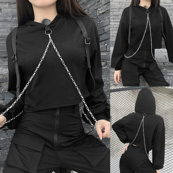 Black Gothic Patchwork Long Sleeve Chain Crop Sweatshirt / Ladies Rock Style Hooded Top