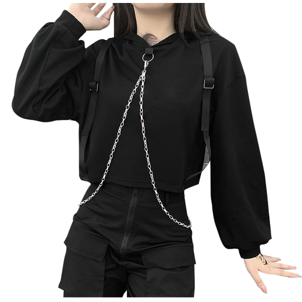 Black Gothic Patchwork Long Sleeve Chain Crop Sweatshirt / Ladies Rock Style Hooded Top