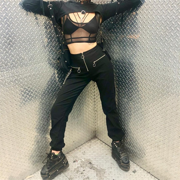 Black Gothic Women's Casual Pants / Cool Grunge Pants With Chains