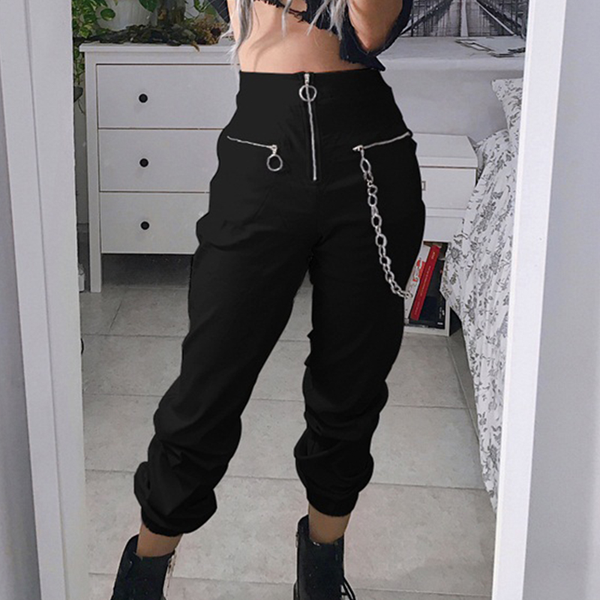 Black Gothic Women's Casual Pants / Cool Grunge Pants With Chains