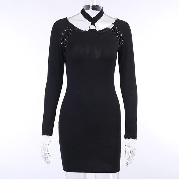 Black Halter Gothic Mini Dress / Women's Hollow Out and Long Sleeve Female Dress