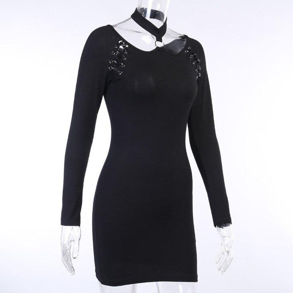 Black Halter Gothic Mini Dress / Women's Hollow Out and Long Sleeve Female Dress