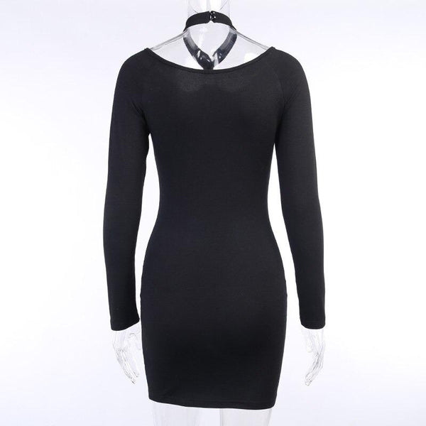 Black Halter Gothic Mini Dress / Women's Hollow Out and Long Sleeve Female Dress