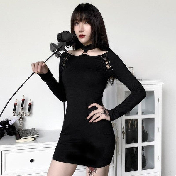 Black Halter Gothic Mini Dress / Women's Hollow Out and Long Sleeve Female Dress