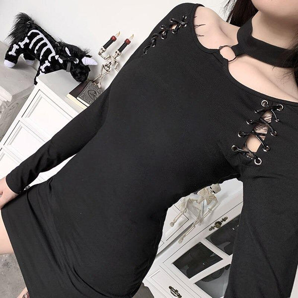 Black Halter Gothic Mini Dress / Women's Hollow Out and Long Sleeve Female Dress