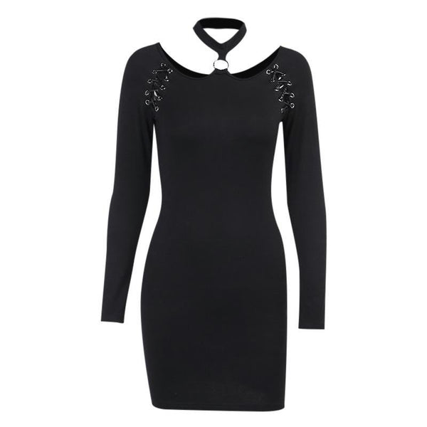 Black Halter Gothic Mini Dress / Women's Hollow Out and Long Sleeve Female Dress