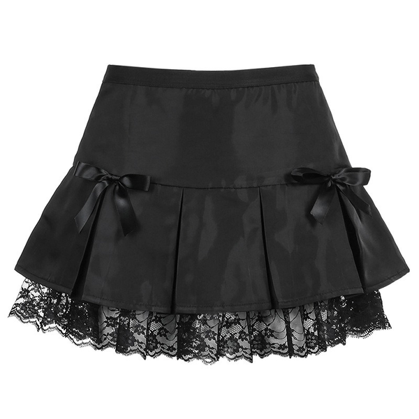 Black Lace Gothic Mini Skirt / Women's Pleated A-Line Low Waist Skirts With Bows