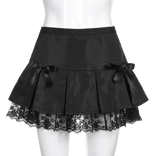 Black Lace Gothic Mini Skirt / Women's Pleated A-Line Low Waist Skirts With Bows