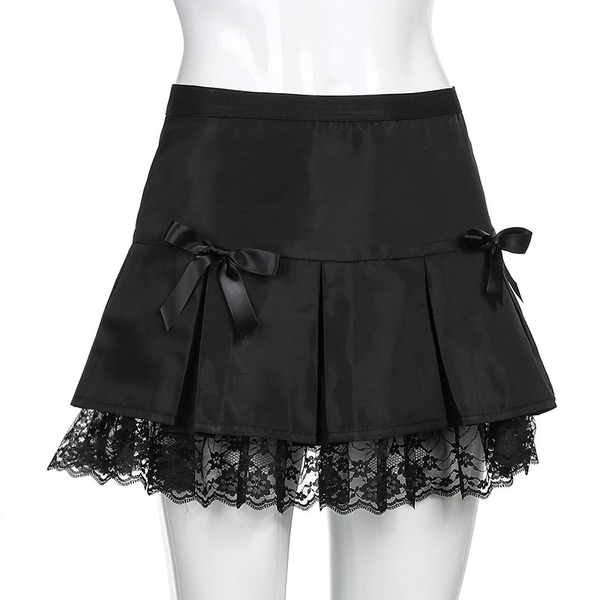 Black Lace Gothic Mini Skirt / Women's Pleated A-Line Low Waist Skirts With Bows