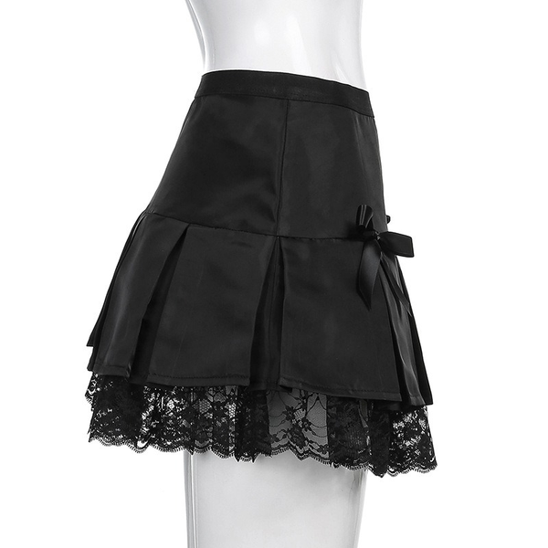 Black Lace Gothic Mini Skirt / Women's Pleated A-Line Low Waist Skirts With Bows