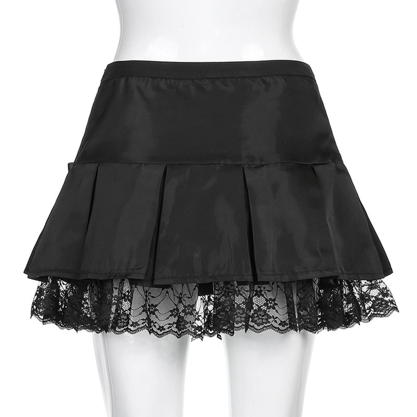 Black Lace Gothic Mini Skirt / Women's Pleated A-Line Low Waist Skirts With Bows