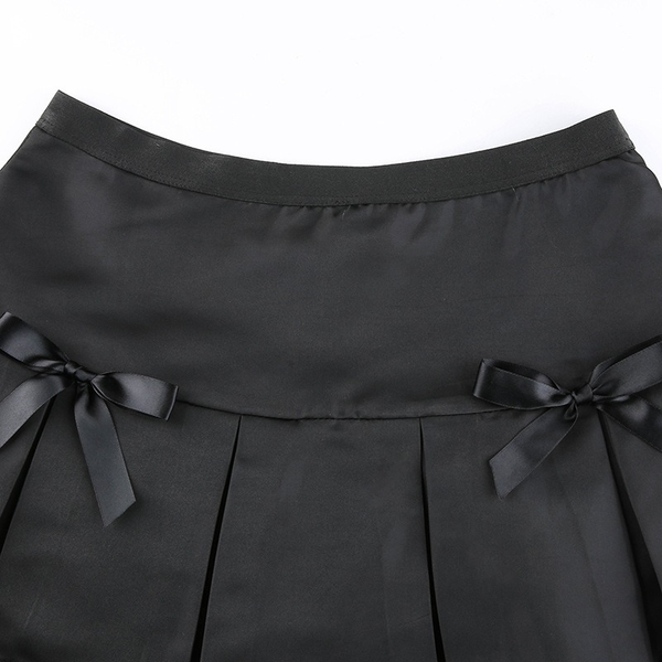 Black Lace Gothic Mini Skirt / Women's Pleated A-Line Low Waist Skirts With Bows