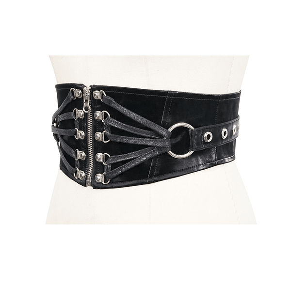 Black Ladies Wide Belt With Rivets / Gothic Style Waistband with Zipper for Women