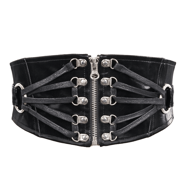 Black Ladies Wide Belt With Rivets / Gothic Style Waistband with Zipper for Women