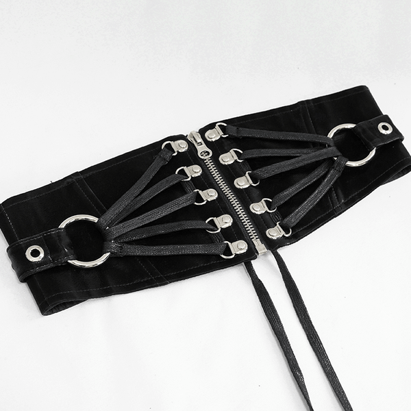 Black Ladies Wide Belt With Rivets / Gothic Style Waistband with Zipper for Women