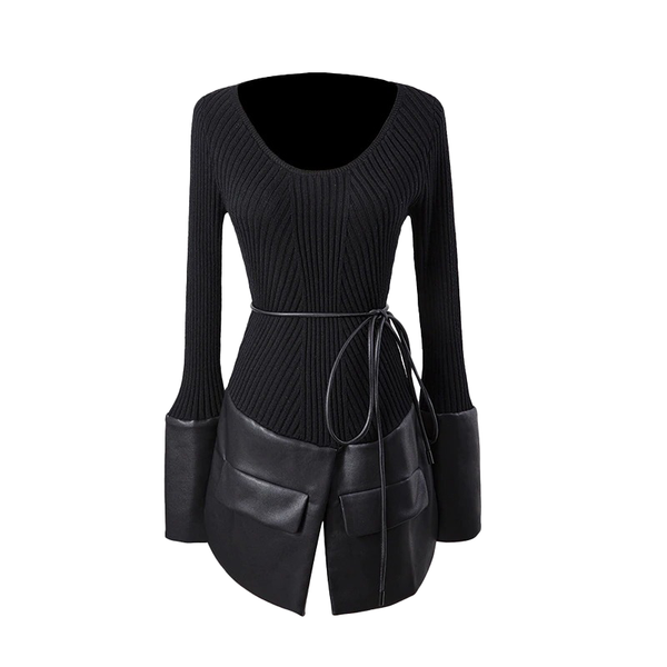 Black Patchwork O-Neck Long Sleeve Lace Up Sweater / Rock Style Female Knitted Tops