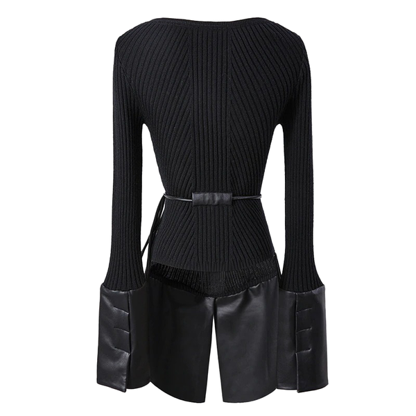 Black Patchwork O-Neck Long Sleeve Lace Up Sweater / Rock Style Female Knitted Tops