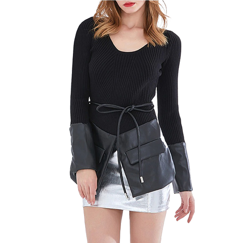 Black Patchwork O-Neck Long Sleeve Lace Up Sweater / Rock Style Female Knitted Tops