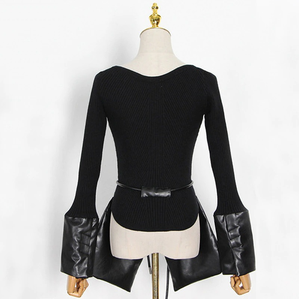 Black Patchwork O-Neck Long Sleeve Lace Up Sweater / Rock Style Female Knitted Tops