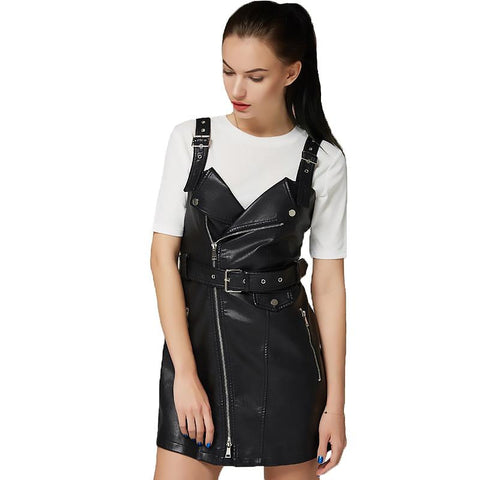 Black Short Bodycon Dress / Adjustable Suspender Buckle Belt Sundress / PU Leather Dress Women