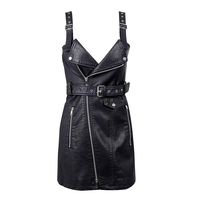 Black Short Bodycon Dress / Adjustable Suspender Buckle Belt Sundress / PU Leather Dress Women