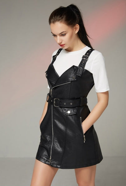 Black Short Bodycon Dress / Adjustable Suspender Buckle Belt Sundress / PU Leather Dress Women