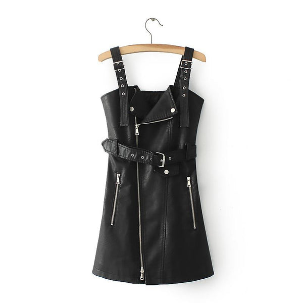 Black Short Bodycon Dress / Adjustable Suspender Buckle Belt Sundress / PU Leather Dress Women