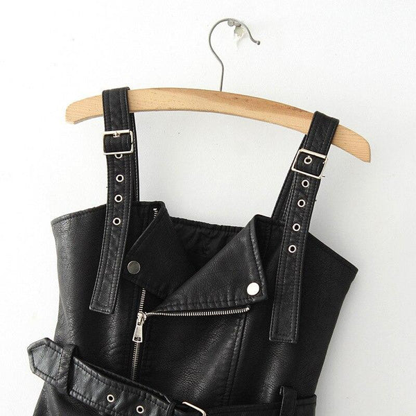 Black Short Bodycon Dress / Adjustable Suspender Buckle Belt Sundress / PU Leather Dress Women