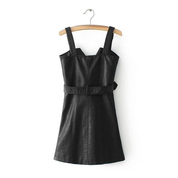 Black Short Bodycon Dress / Adjustable Suspender Buckle Belt Sundress / PU Leather Dress Women