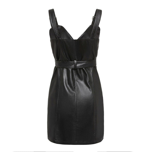 Black Short Bodycon Dress / Adjustable Suspender Buckle Belt Sundress / PU Leather Dress Women