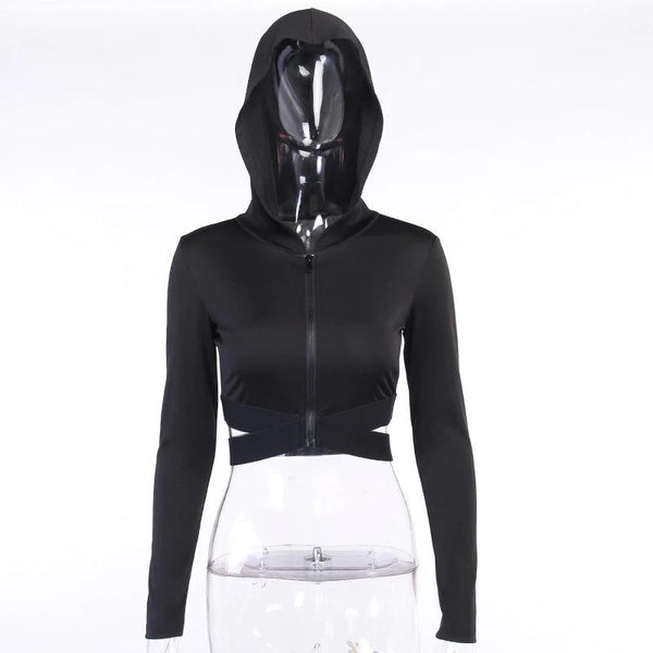 Black Sleeveless Top With Hooded And Zipper / Women's Casual Streetwear