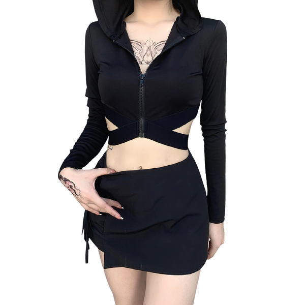 Black Sleeveless Top With Hooded And Zipper / Women's Casual Streetwear