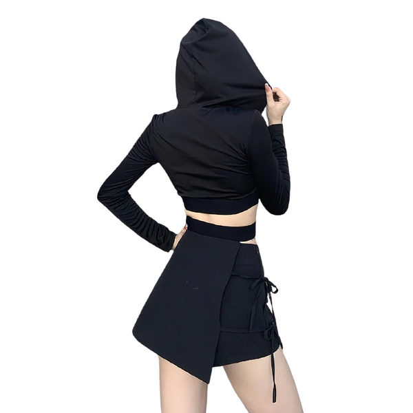 Black Sleeveless Top With Hooded And Zipper / Women's Casual Streetwear