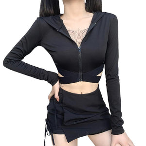 Black Sleeveless Top With Hooded And Zipper / Women's Casual Streetwear