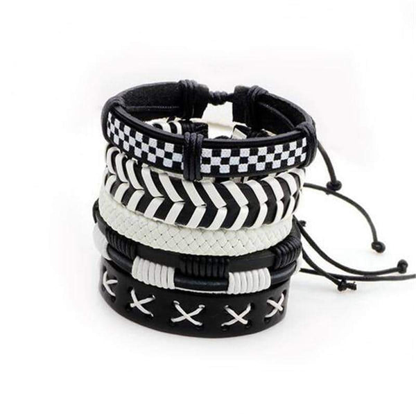 Black & White Leather Bracelet & Wristband in Rock Style Set of 5 PCs