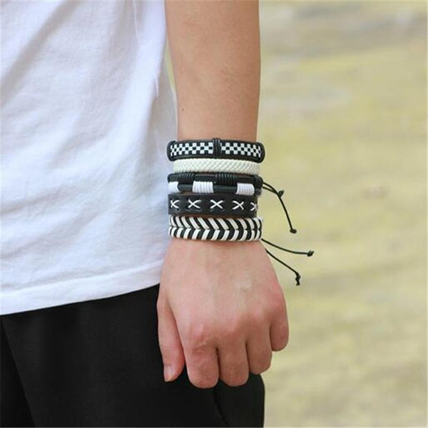 Black & White Leather Bracelet & Wristband in Rock Style Set of 5 PCs