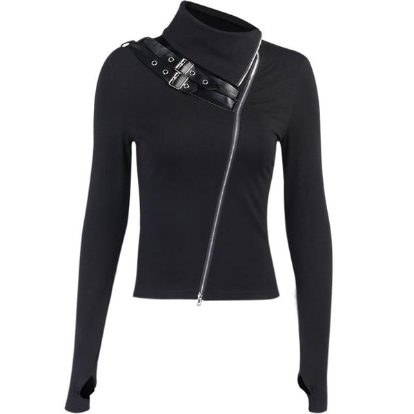 Black Women Gothic Streetwear / Sexy Doubt Zipper Turtleneck Long Sleeve Tops